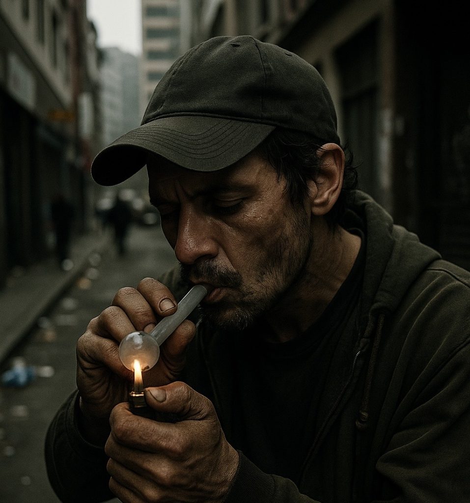 A man in his 30s smoking tik on a gritty South African city street, representing the drug epidemic in South Africa and the harsh realities of addiction.